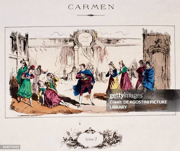 Carmen, Scene VII, from the Rose album issued for the opening night of Carmen, by Georges Bizet . Paris, Bibliothèque-Musée De L'Opéra National De...