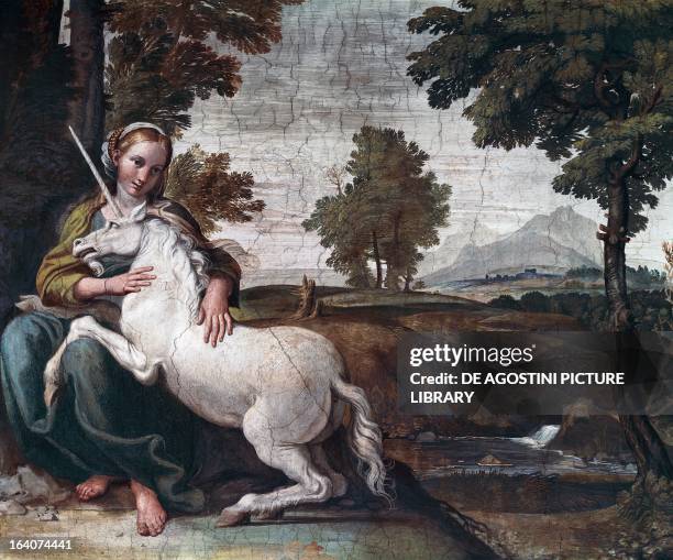 Virgin with a unicorn, 1604-05, fresco by Domenico Zampieri known as il Domenichino , Gallery of Palazzo Farnese, Rome, Italy.