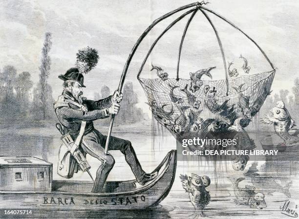 Come here fresh water fish or more correctly the policeman Lanza fishing, satirical cartoon. Italy, 19th century.