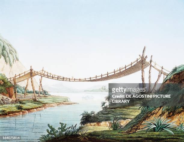 Rope bridge over the Chambo River at Penipe, Ecuador, engraving from Views of the cordilleras and monuments of the indigenous peoples of the...