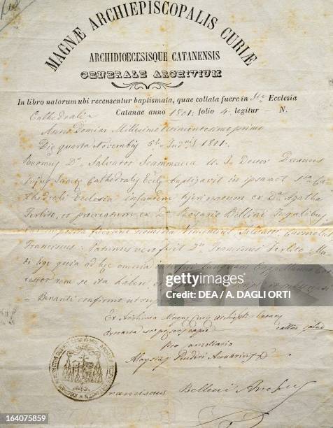 Baptism certificate of Vincenzo Bellini , drawn up by the curia of Catania, Italy, November 4, 1801. Catania, Museo Civico Belliniano