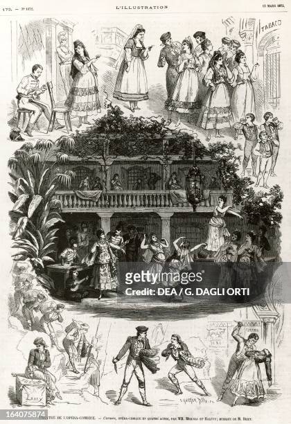 Scenes from the first performance of Carmen, by Georges Bizet , from The Italian Illustration, May 13, 1875.