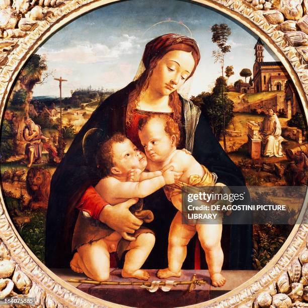 Virgin and Child with St John the Baptist, by Piero di Cosimo , oil on panel, diameter 93 cm. Strasbourg, Musée Des Beaux-Arts