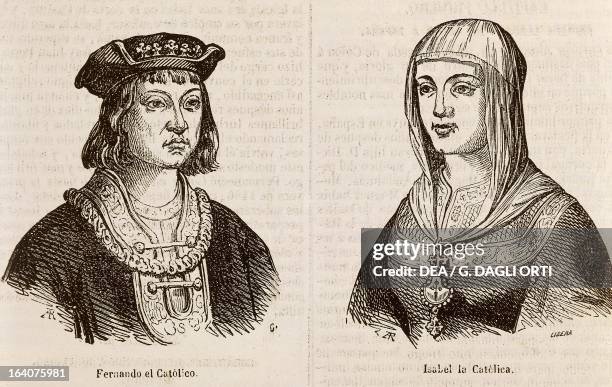 Ferdinand II of Aragon, known as the Catholic , and Isabella I of Castile called the Catholic , engraving taken from life and voyages of Christopher...