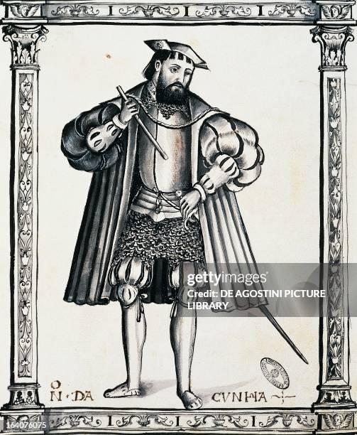 Portrait of Nuno da Cunha , Portuguese navigator and poet and governor of India. Drawing from Legends of India, by Gaspar Correia , 16th century....