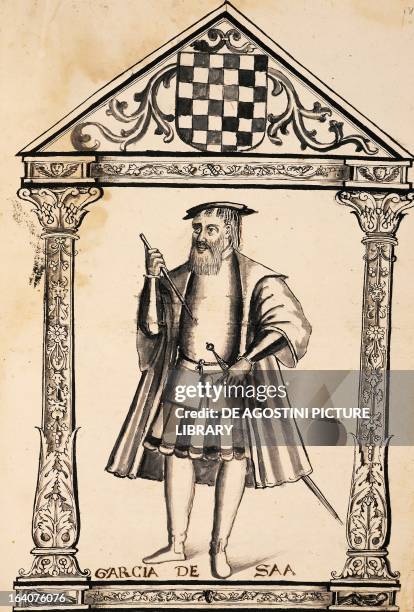 Portrait of Garcia de Sa , 14th Portuguese governor of India and successor to Joao de Castro. Drawing from Legends of India, by Gaspar Correia , 16th...