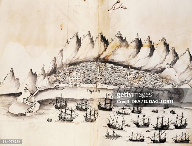 View of the city of Aden, Yemen, engraving from Legends of India, by Gaspar Correia , Middle East, 16th century. Lisbon, Arquivo Nacional Da Torre Do...