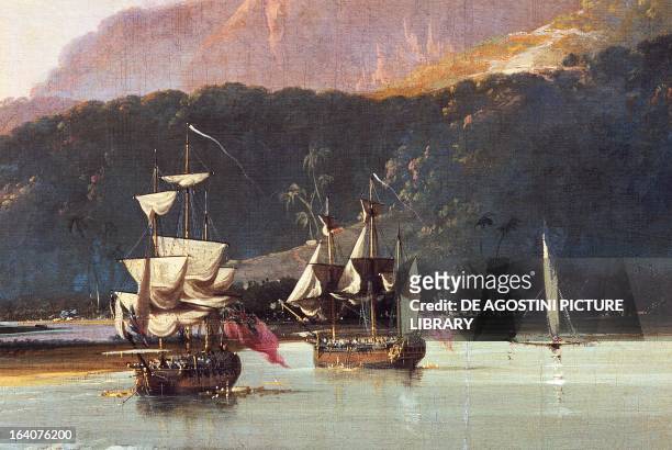 The Resolution and the Adventure in Matavai Bay, Tahiti, Society Islands, during the second journey of James Cook between 1772 and 1775, painting by...