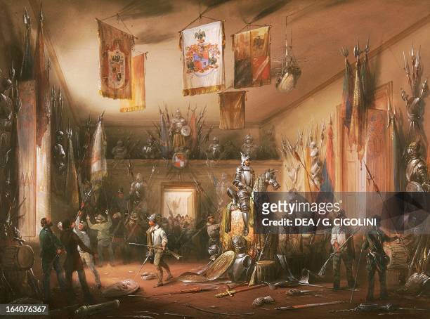 Five Days of Milan, Count Uboldi's armory broken into by insurgents seeking weapons, March 19, 1848. Italy, 19th century. Milan, Civico Museo Del...