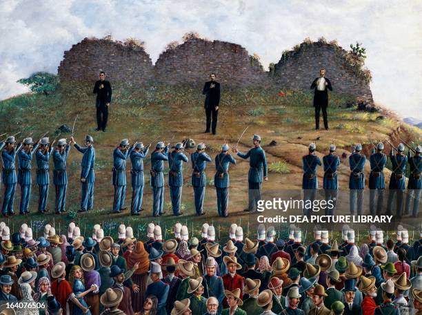 The execution by firing squad of Maximilian Ferdinand of Habsburg, Emperor of Mexico, June 19, 1867. Oil painting by Odilon Rios. Mesic, 19th...