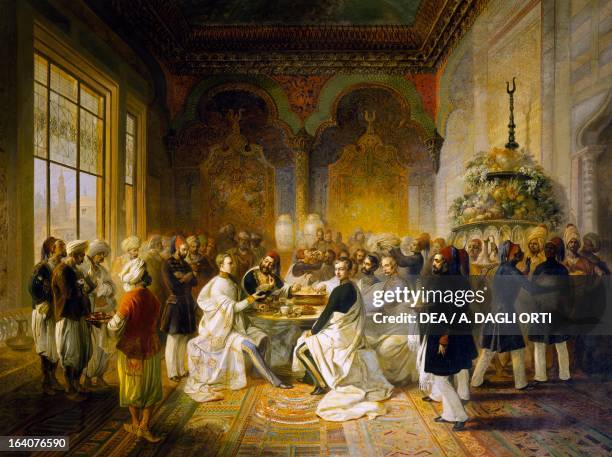 Maximilian of Habsburg and his brother Carlo Ludovico guests at a banquet given in Smyrna by Halim Pasha by Peter Johann Nepomuk Geiger , oil on...