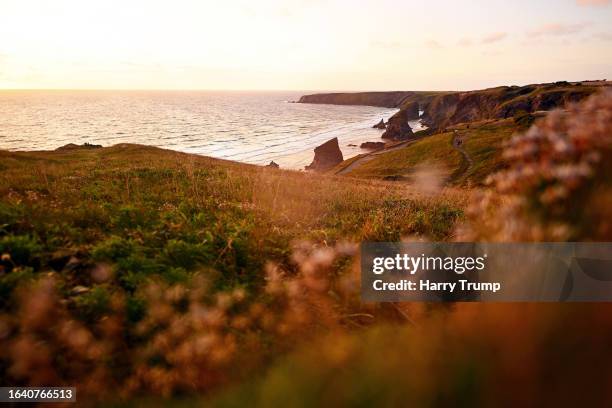 General view at Bedruthan Steps on August 26, 2023 in Padstow, England.