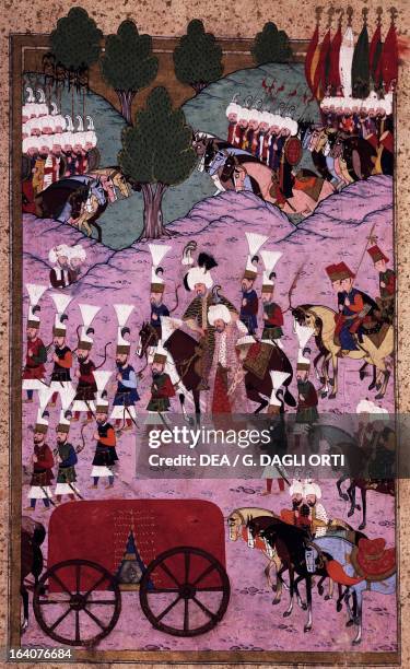 Suleiman the Magnificent's troops setting out to attack Hungary, gouache on paper from Suleymanname, by Lokman, Ottoman manuscript. Turkey, 16th...