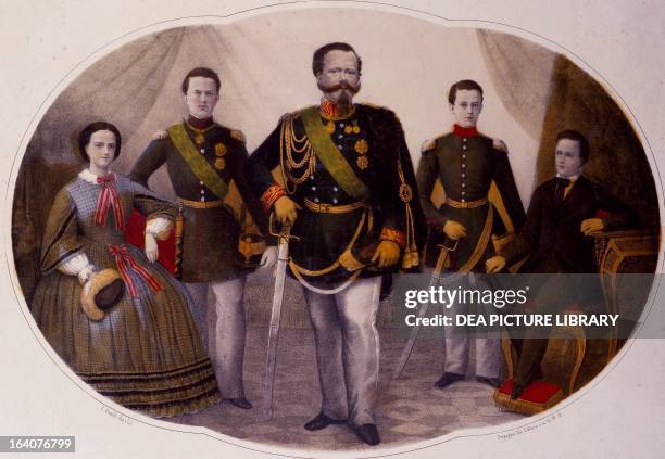 King Victor Emmanuel II of Savoy and the Royal family, lithograph by Vivaldi. Italy, 19th century.