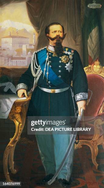 Portrait of Victor Emmanuel II of Savoy , last king of Sardinia, first king of Italy, oleograph. Florence, Palazzo Pitti