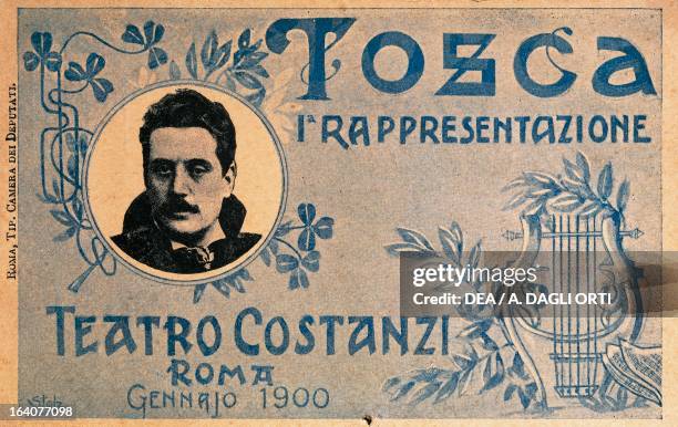 Postcard created on the occasion of the premiere of the opera Tosca, by Giacomo Puccini , performed at the Costanzi Theatre in Rome, January 1900....