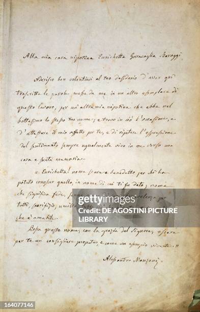 Dedication to his niece Henrietta Baroggi Garavaglia, handwritten letter from Alessandro Manzoni . Milan, Museo Manzoniano