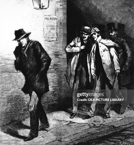 Police monitoring a suspect at the time of Jack the Ripper, London engraving. England, 19th century.