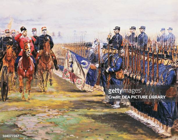 Tsar Nicholas II of Russia and French President Felix Faure inspecting the troops in Chalon-sur-Marne, October 9 by Edouard Detaille , watercolour...