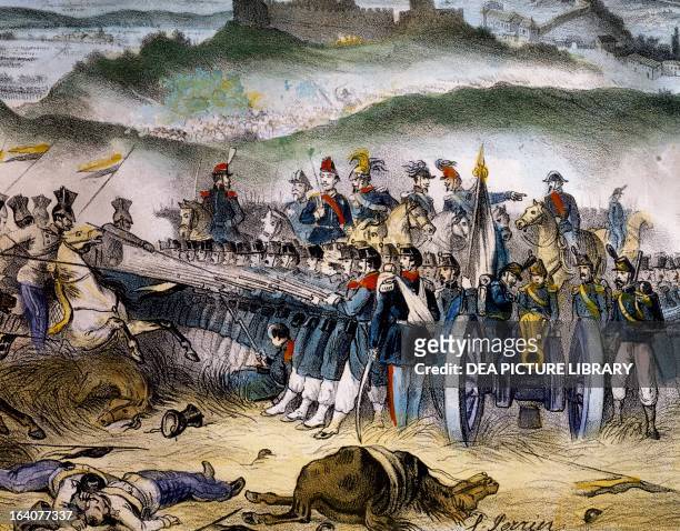 Prince Umberto of Savoy forming the Quadrato with the Fourth Battalion in Custoza, June 24, 1866. Third War of Independence, Italy, 19th century....