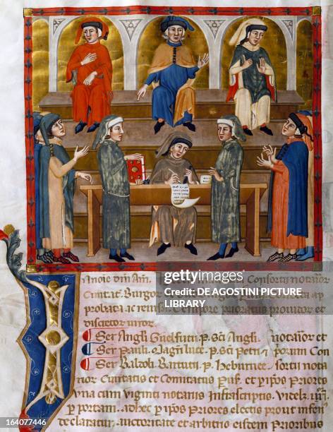 Interor of a notary's office, miniature from the statutory register of the Consortium of Notaries of Perugia, manuscript 972, 1343-1354. Italy, 14th...