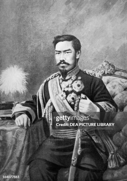 Portrait of Emperor Meiji , honorary name of Mutsuhito , Emperor of Japan from 1867 to 1912, engraving. Japan, 19th century.