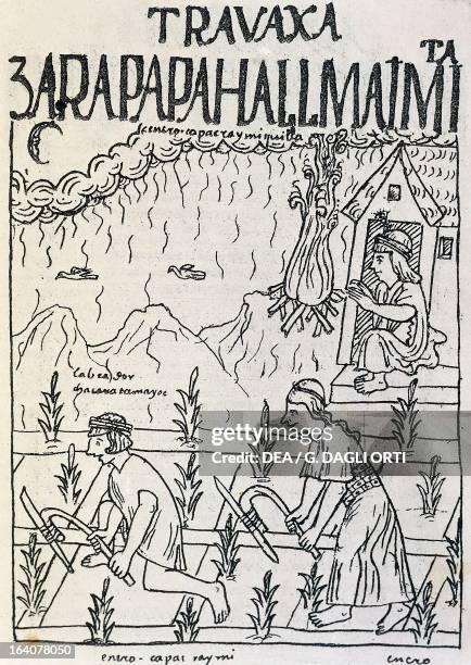 Inca working in the fields in January planting corn, Peru, engraving from The first new chronicle and good government, by Felipe Guaman Poma de Ayala...