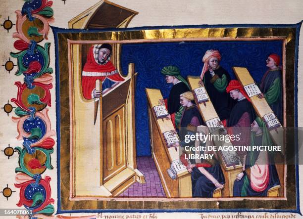 The lawyer Anthonio da Budrio and his pupils, miniature from manuscript 569, folio 1. Italy, 14th-15th century. Rome, Biblioteca Angelica