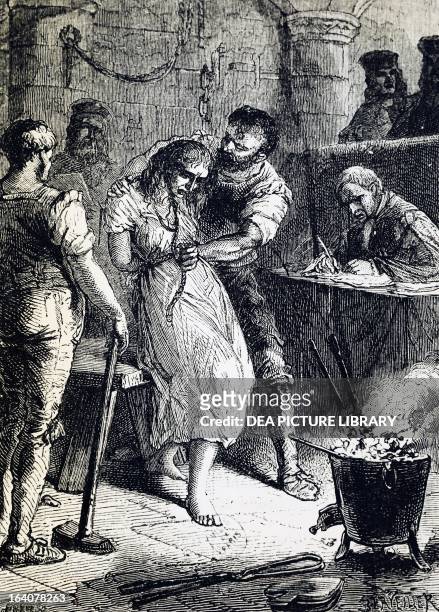Affair of the Poisons, questioning the fortune teller Catherine Deshayes, known as La Voisin on engraving from 19th century. France.