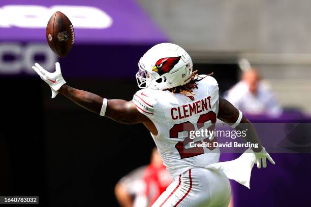 Corey Clement of the Arizona Cardinals reaches for but can't catch a pass against the Minnesota Vikings in the second half of a preseason game at...