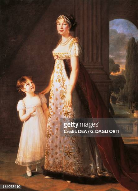 Portrait of Caroline Bonaparte Queen of Naples and daughter of Carlo Buonaparte, with her daughter Letizia. Painting by Elisabeth Vigee Le-Brun , oil...
