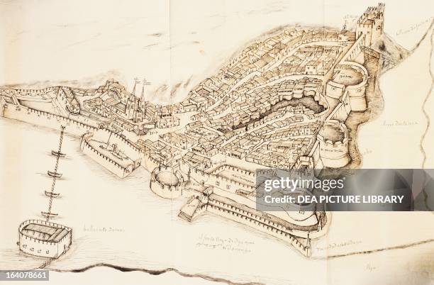 View of the fortress of Diu in 1535, drawing from Lendas from India, by Gaspar Correia . India, 16th century. Lisbon, Arquivo Nacional Da Torre Do...