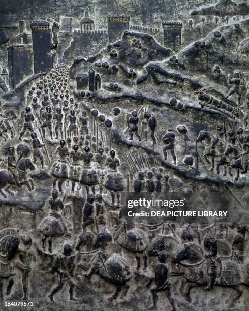 Fall of Troy, detail of the doors for the gateway of Castel Nuovo in Naples, ca 1475, by Guglielmo Monaco, bronze bas-relief. Italy, 15th century....