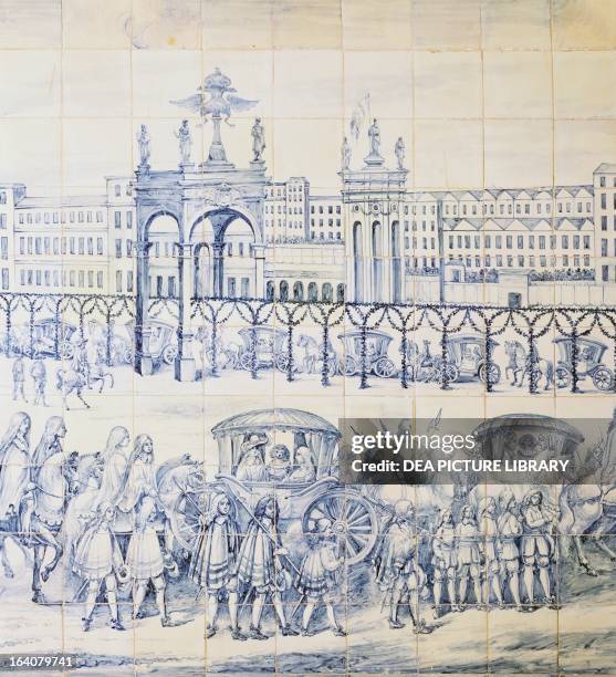 The royal procession for Queen Catherine of Braganza's marriage to Charles II, King of England, tile, Italian Embassy in Lisbon. Portugal, 17th...