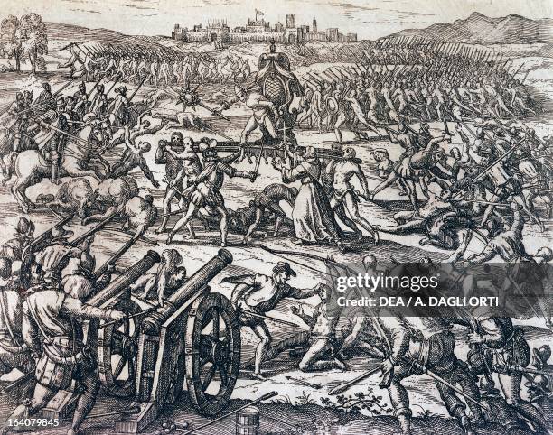 Francisco Pizarro's troops capturing the Inca Emperor Atahualpa during the Battle of Cajamarca, November 16 Peru, engraving from American History by...