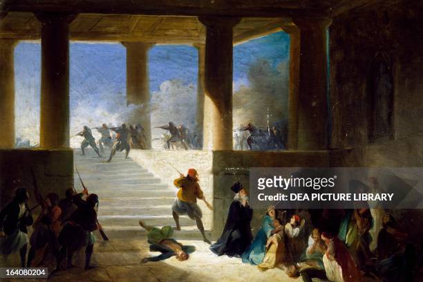 Massacres in Greece, 1855-1860, Giovanni Marghinotti , oil on canvas. Greek War of Independence, 19th century.
