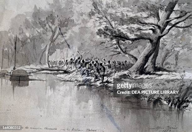 Massacre of Jules Crevaux's expedition by the indigenous Tobas, on the banks of the Pilcomayo, Gran Chaco, Bolivia, watercolour by Alfred Paris....