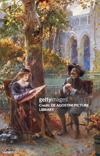 Cyrano de Bergerac mortally wounded meeting Rossana for the last time in a convent, from Cyrano de Bergerac, by Edmond Rostand postcard. Paris,...