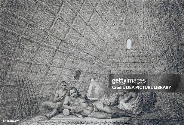 Interior of a chief's hut, Sandwich Islands, now Hawaii, based on engraving from an account of the last voyage of James Cook . Polynesia, 18th...