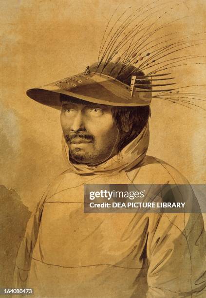 Native from Unalaska Island, engraving based on a drawing by John Webber from an account of the last voyage of James Cook . Aleutian Islands, 18th...