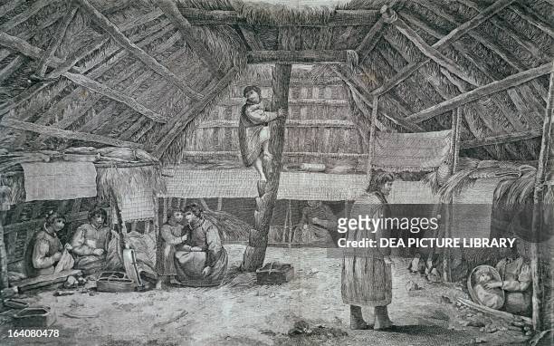 Interior of a house on the island of Unalaksa engraving based on a drawing by John Webber from an account of the last voyage of James Cook . Aleutian...