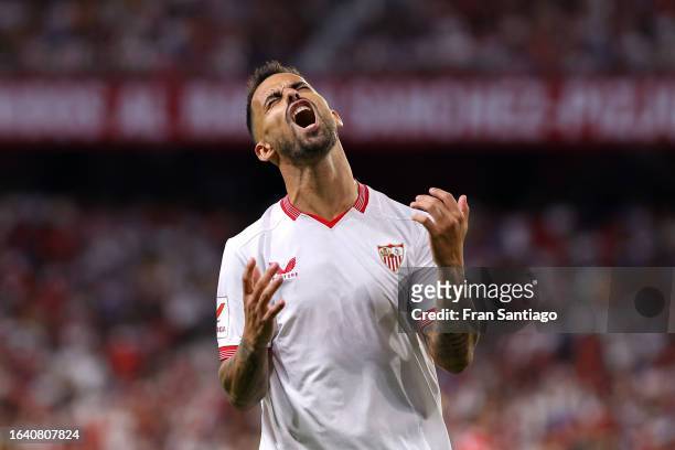 Suso of Sevilla reacts during the LaLiga EA Sports match between Sevilla FC and Girona FC at Estadio Ramon Sanchez Pizjuan on August 26, 2023 in...