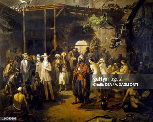 Maximilian of Habsburg and his brother Carlo Ludovico visit to the slave market of Smyrna by Peter Johann Nepomuk Geiger , oil on canvas, 105x135 cm....