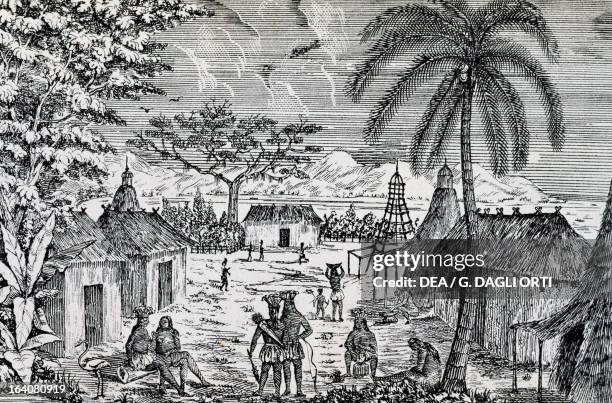 Taino village, Cuba, engraving from the 19th century. Greater Antilles, 15th century. Madrid, Biblioteca Nacional