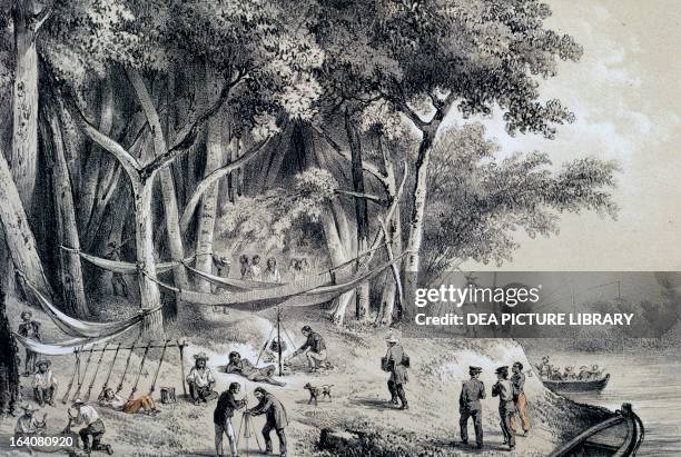 Camp on the river Araguay, Brazil, 1843-1847, engraving from The Journey of Francis de Castelnau . South America, 19th century. Vincennes, Castello...