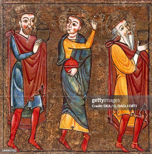 Magi kings, by the Master of Lluca, 13th century altar from the Monastery of Santa Maria of Lluca, tempera on wood. Catalan Romanesque art. Vic,...