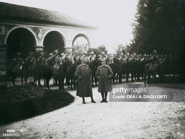 Austrian plenipotentiaries arriving at Villa Giusti, near Padua, to effect the armistice with Italy, November 3, 1918. World War I, Italy, 20th...