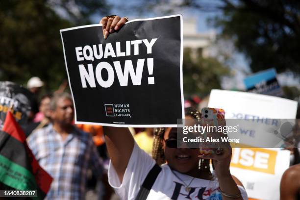 Civil rights supporters attend the 60th Anniversary Of The March On Washington at the Lincoln Memorial on August 26, 2023 in Washington, DC. The...