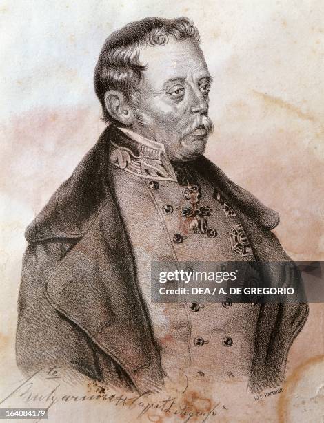 Equestrian portrait of Josef Radetzky , Austrian field marshal. Engraving.