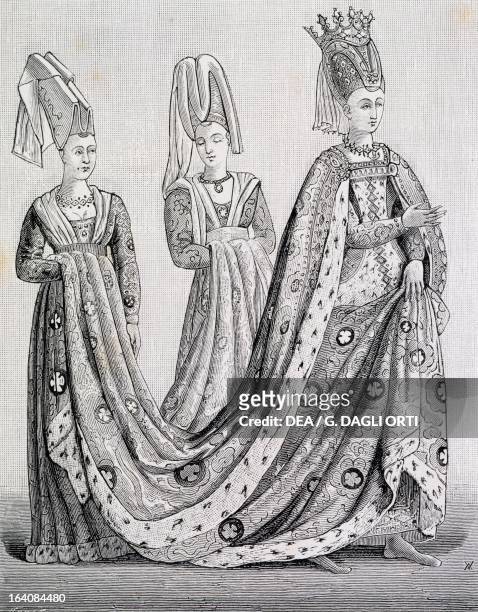 Isabeau of Bavaria in court costume with two women trailing her, queen consort of Charles VI , King of France, engraving from a painting.